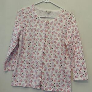 Talbots factory pink and red circular pattern cardigan.  Size S Length 21”
